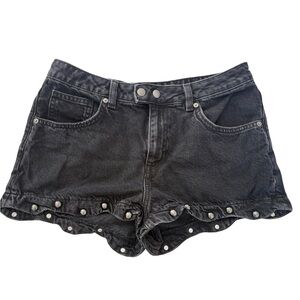 H&M Black Studded Denim Shorts Ruffle Hem | Size 10 | Like New